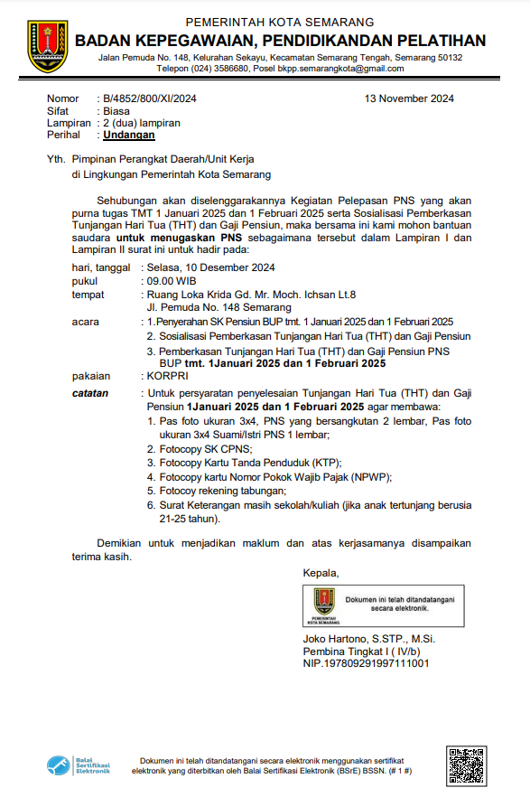 Undangan Kegiatan Pelepasan PNS yang akan purna tugasTMT 1 Januari 2025 dan 1 Februari 2025 serta Sosialisasi Pemberkasan Tunjangan Hari Tua (THT) dan Gaji Pensiun